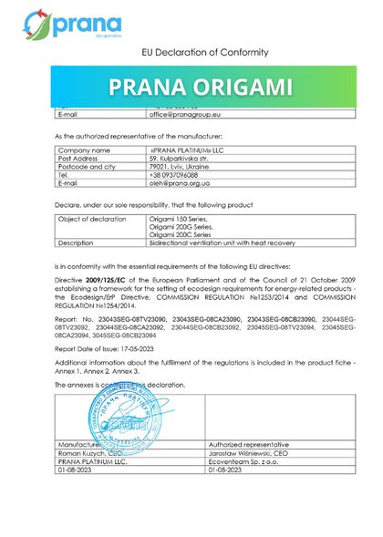 Okładka deklaracji ErP dla serii PRANA Origami