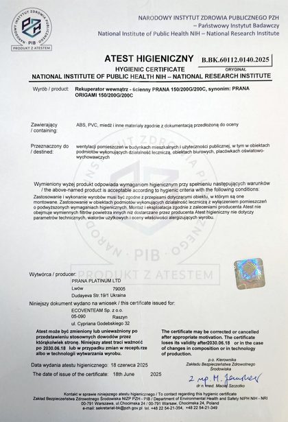 Atest higieniczny PZH dla urządzeń PRANA