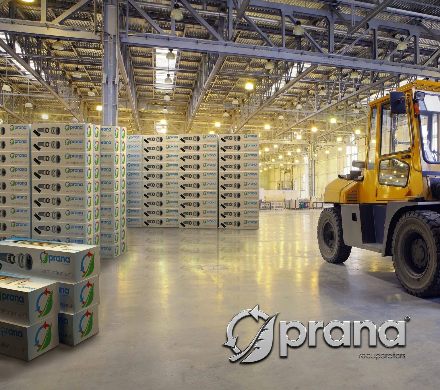 Magazyn Ecoventeam z paletami rekuperatorów PRANA