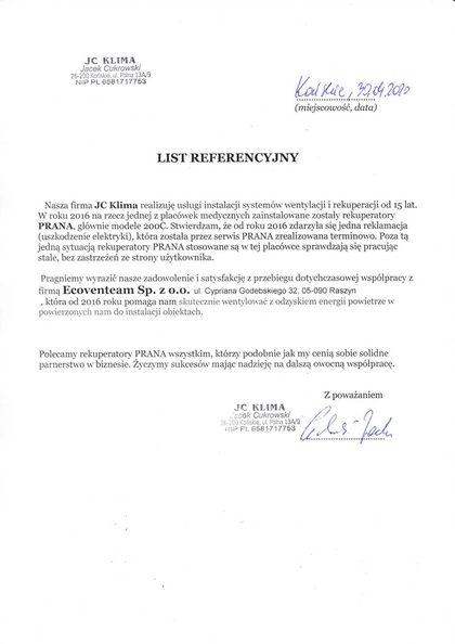 List referencyjny od klienta indywidualnego